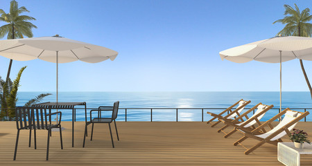 3d rendering nice beach furniture set with bench on wooden terrace near sea in the evening