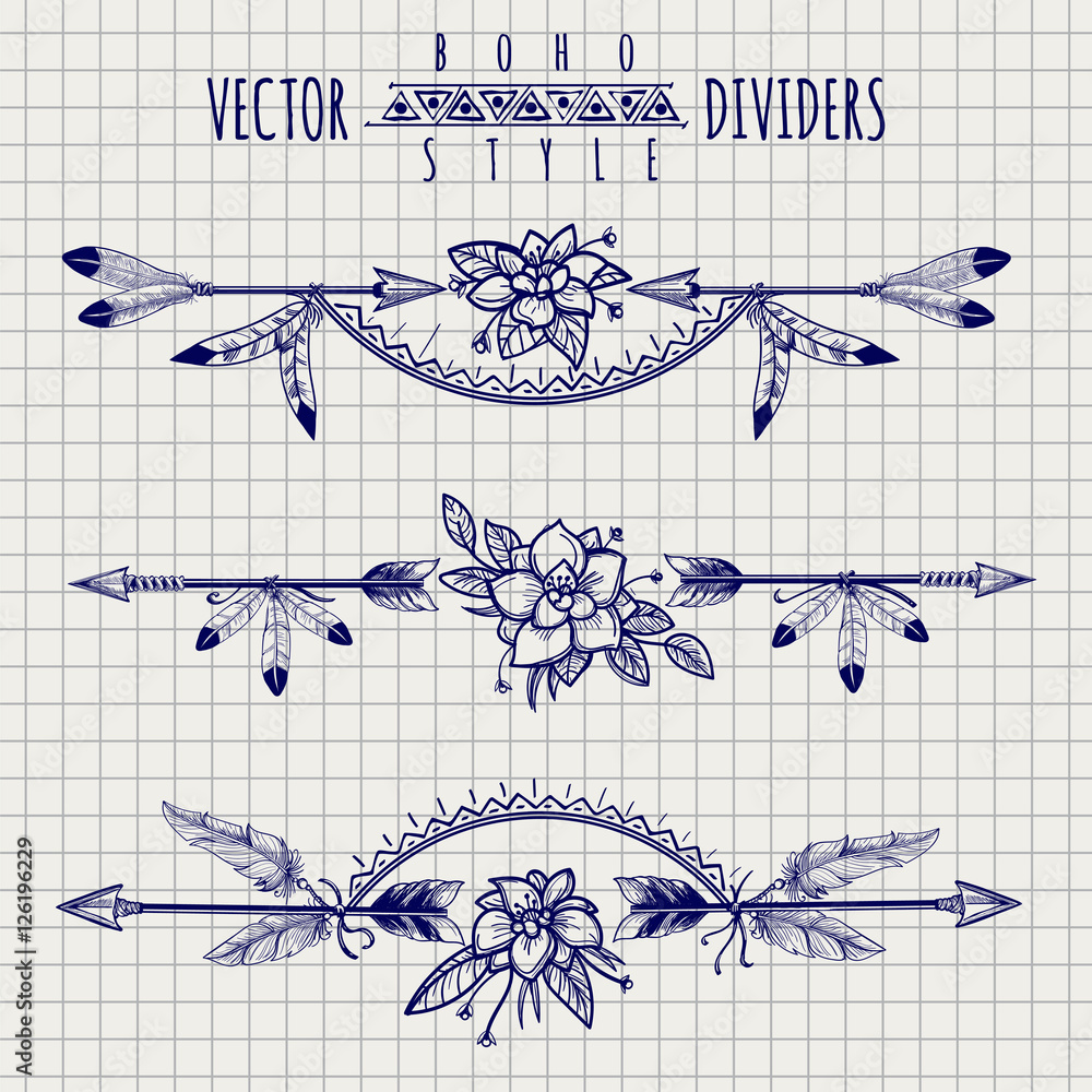 Canvas Prints boho style dividers with flowers and arrows on notebook page. vector illustration
