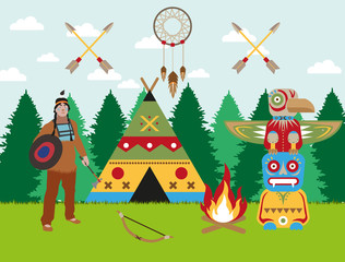 Obraz na płótnie Canvas American indian landscape warrior, wigwam and totem vector image
