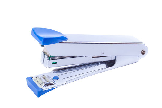 Office tool, blue staplers on white background.