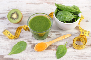 Ingredients, fresh cocktail from spinach and centimeter on wooden background, healthy nutrition and slimming
