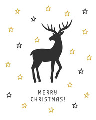 Merry Christmas card with hand drawn vintage deer