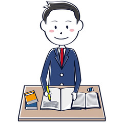 紺色のブレザーの学生　男性　勉強中　笑顔