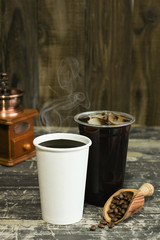 Hot coffee iced coffee with beans
