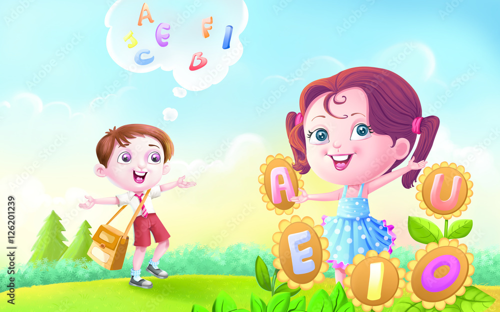 Wall mural boy and girl with vowel and alphabet