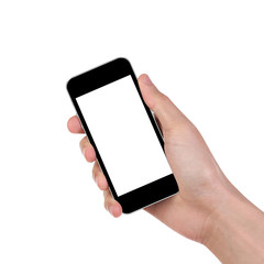 Man hand holding the black smartphone isorated on white background. Clipping path.