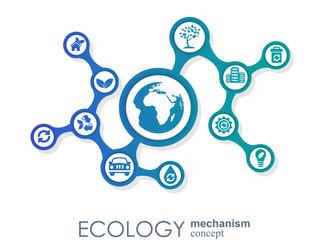 Fototapeta na wymiar Ecology mechanism concept. Abstract background with connected gears and icons for eco friendly, energy, environment, green, recycle, bio and global concepts. Vector infographic illustration