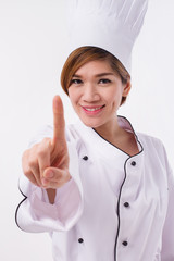 female asian chef pointing up one finger gesture