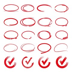 red circle hand drawn set, check marks