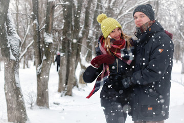 couple in love street winter snow