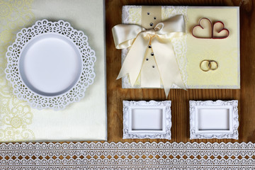 wedding ring invitation wood background