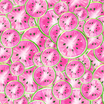 Watercolor seamless vintage pattern with watermelon, kiwi pattern. Slices, watermelon fruit. The colors  pink