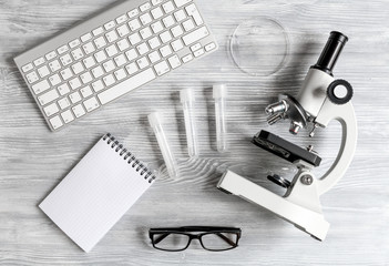 lab assistant desk with microscope top view