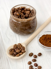 handmade coffee-cocoa scrub on wooden background close up