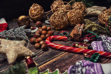 Christmas or New Year dark wooden background, Xmas brown board f