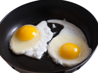 Two fried eggs on pan