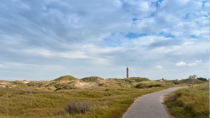 Fototapeta na wymiar Dünenlandschaft mit Blick auf den Leuchtturm auf Norderney