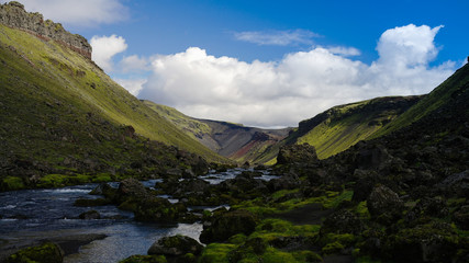 Landscape with Eldgja canyon and spring in south Iceland