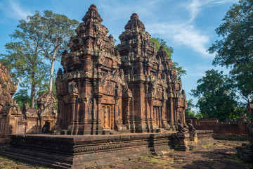 Fototapeta na wymiar Banteay Srei the gem of Khmer empire this place is the only one temple made by pink sandstone in Siem Reap, Cambodia.