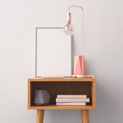 Mockup poster in the interior with a table in trendy colors. 3d