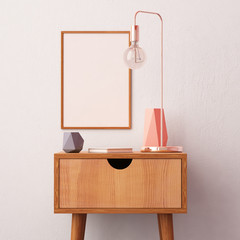 Mockup poster in the interior with a table in trendy colors. 3d