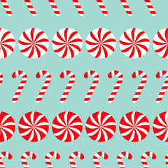 Obraz premium Christmas Round white and red sweet set. Candy Cane Seamless Pattern Decoration. Wrapping paper, textile template. Blue background. Flat design.