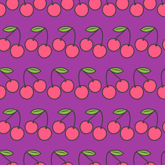 Two pink cherries with green leaf. Seamless Pattern Violet background. Flat design.