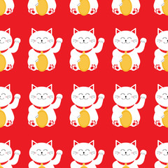 Lucky cat holding golden coin. Japanese Maneki Neco kitten waving hand paw. Seamless Pattern Cute character. Wrapping paper, textile template. Red background. Flat design.