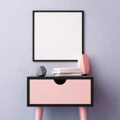 Mockup poster in the interior with a table in trendy colors. 3d