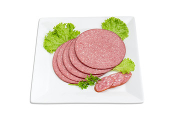 Two different varieties of sliced sausages on white square dish