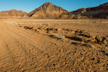  Wadi rum  landscape, desert  and mountains, Jordan. Road on adventure