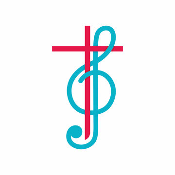 Church logo. Christian symbols. The cross of Jesus Christ and treble clef as a symbol of praise and worship to God.