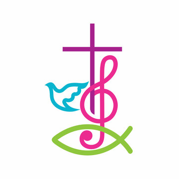 Church logo. Christian symbols. The cross of Jesus Christ and treble clef as a symbol of praise and worship to God.