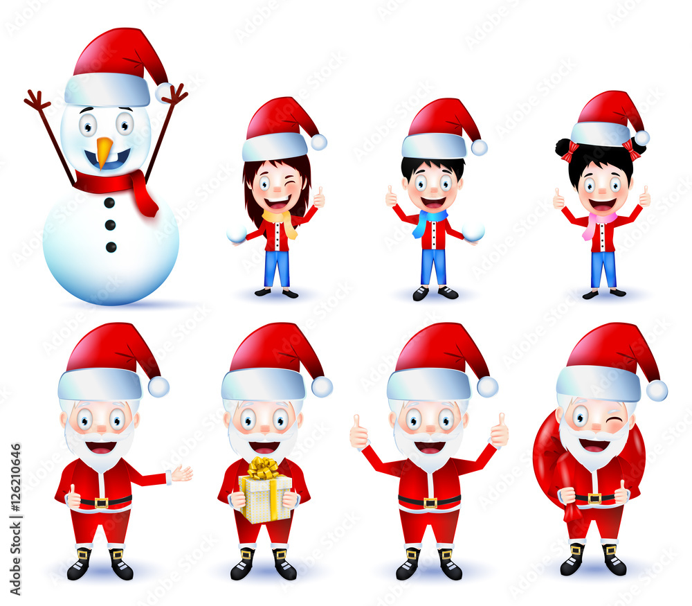 Poster chirstmas animated characters vector pack on isolated background