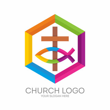 Church logo. Christian symbols. The cross of Jesus and the Christian sign of the fish
