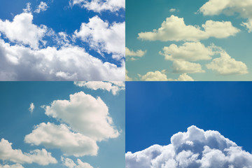 Cloudy sky collage. Summertime concept, cloudscape blue heaven a