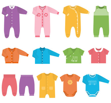 Set children's clothes for baby boys and girls in flat style. Collection of colorful clothing on white background. Isolated objects. Vector illustration.