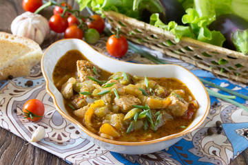 Traditional Georgian hot ragout with meat and vegetables (eggpla