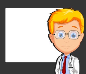 cute male doctor cartoon with blank sign