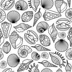 Hand drawn sea shells black vector seamless pattern. Seashells texture background