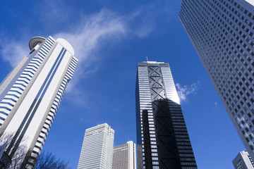 新宿高層ビル街　快晴　青空　見上げる　コピースペース