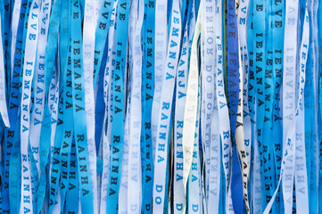 Blue Brazilian wish ribbons celebrating the Festival of Yemanja, Rainha do Mar (Queen of the Sea, in the Yoruba religion) in Salvador, Bahia, Brazil