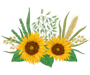 Sunflower, barley, wheat, rye, rice and oat. Collection decorative floral design elements. Isolated elements. Bouquet with cereals and flowers. Vintage vector illustration in watercolor style.