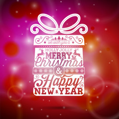 Vector Merry Christmas illustration with typographic design on shiny red background.