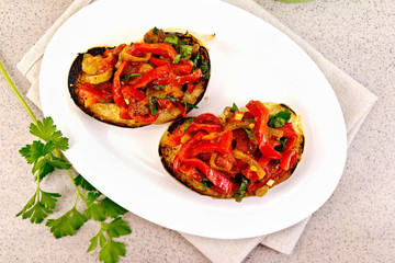 Bruschetta with vegetables in plate on table top