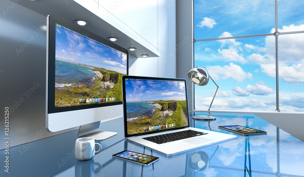 Poster modern glass desk interior with computer and devices 3d renderin