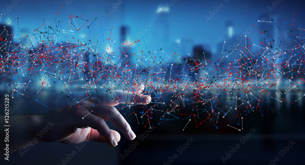 Poster man touching dna structure with his finger