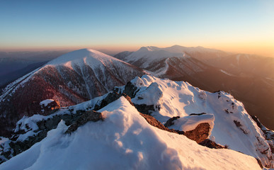 Winter mountain landscape sunset in peak Rozsutec