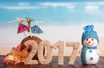 Figures 2017 coconut snowman and flower on table against sea.