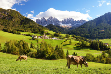 Fototapeta na wymiar Countryside view of the Funes valley, Bolzano, Italy, Europe.